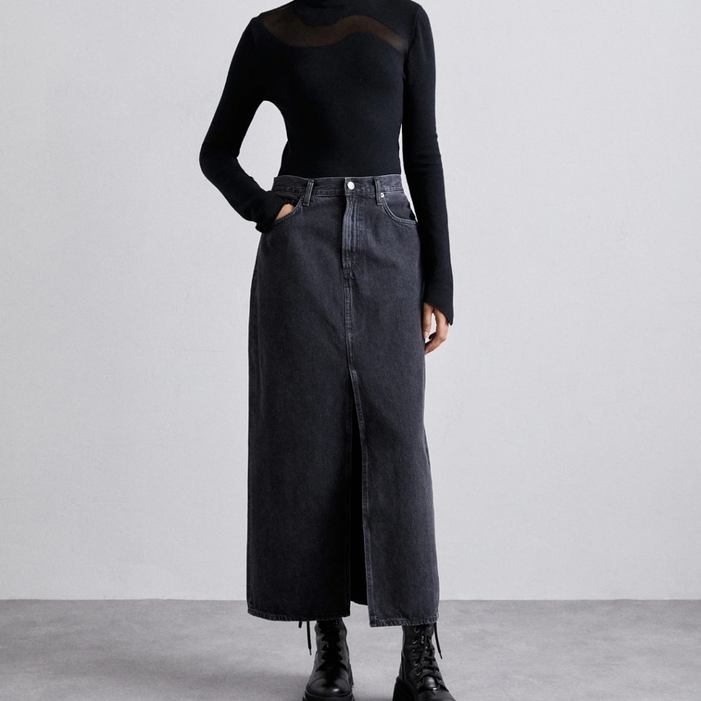 Agolde x Revolve The Leif Denim Maxi Skirt Front Split Spider Black Washed Sz 32